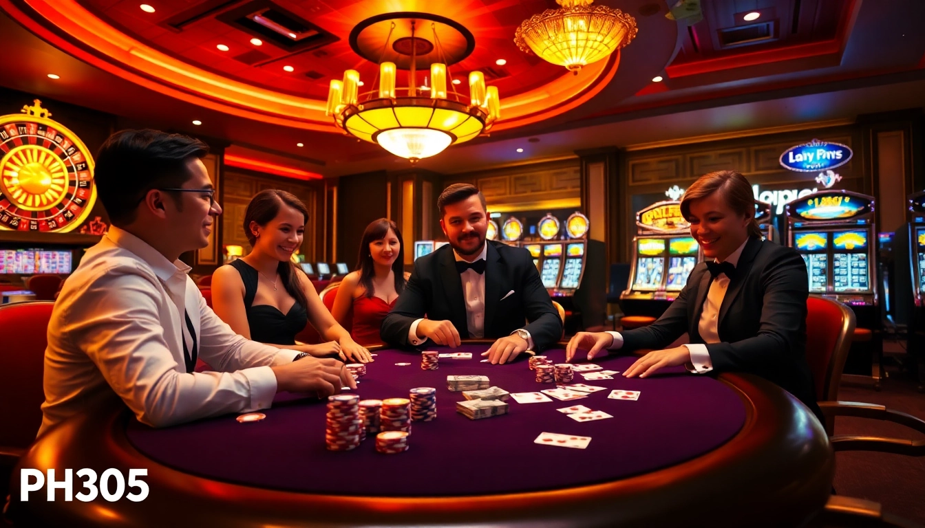 Experience high-stakes poker action at PH365 casino with colorful chips and elegant players.