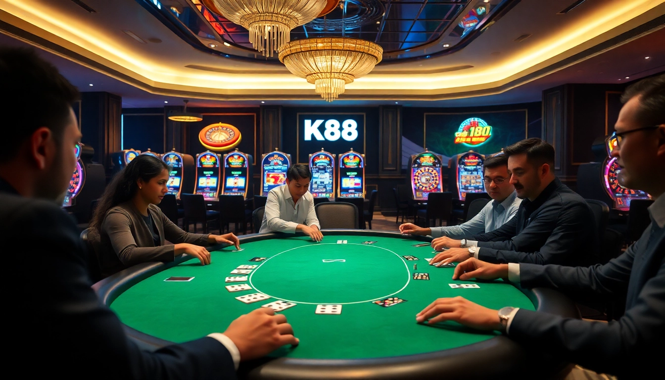Experience the excitement at K88 casino with players at a stylish poker table amidst glamorous decor and vibrant slot machines.