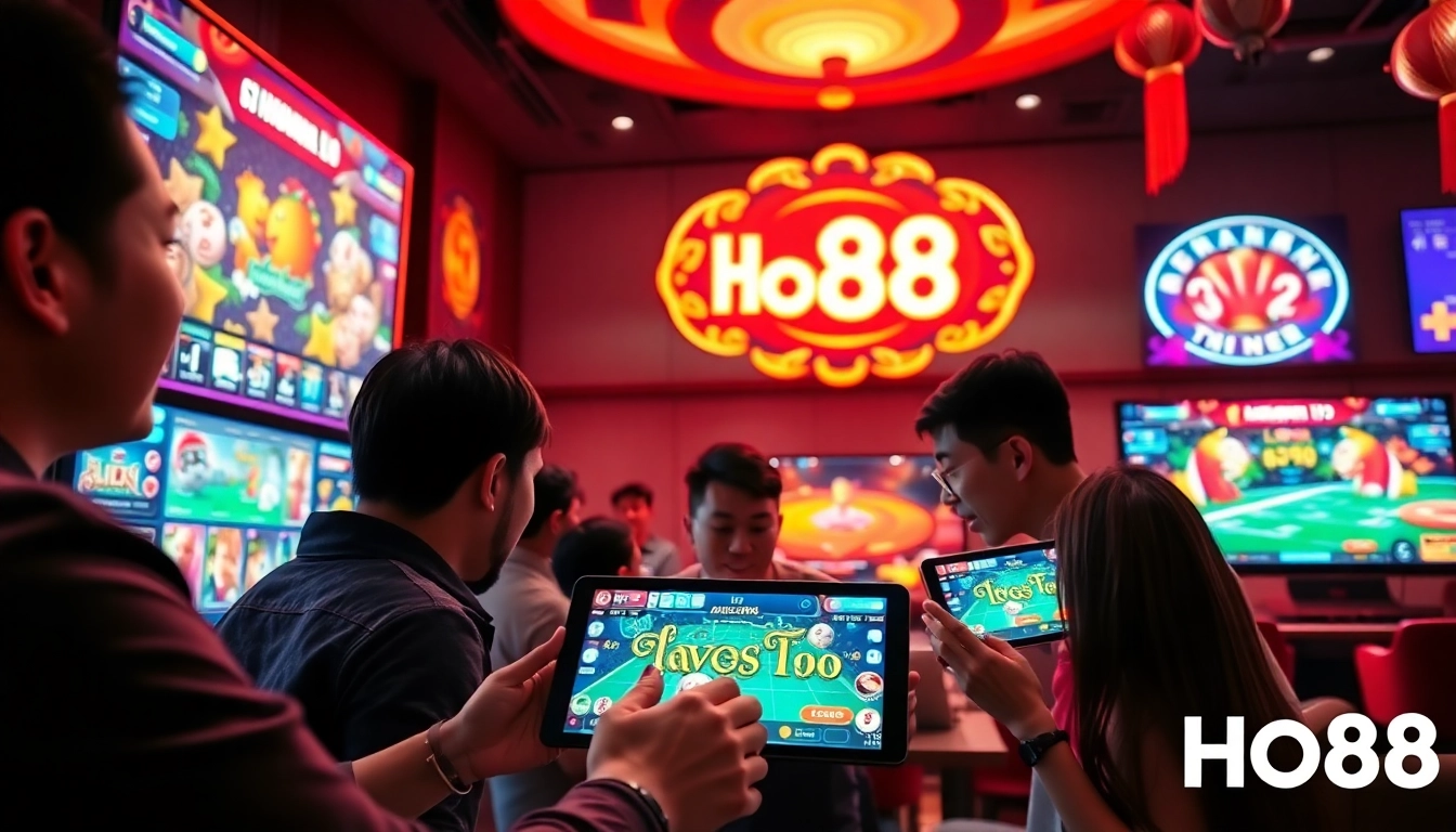Ho88 interactive gaming interface highlighting sports betting and casino games with vibrant colors.