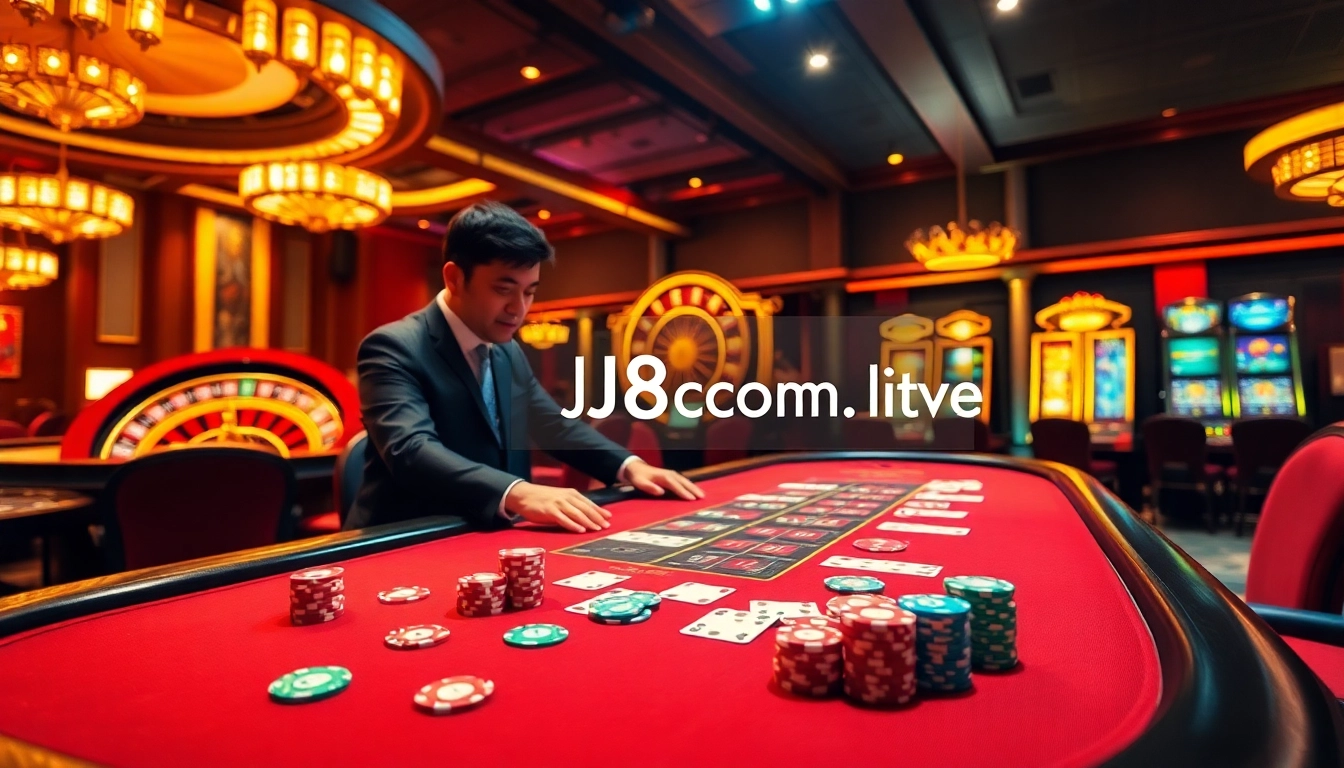 Experience high-stakes action at https://j88com.live/ with vibrant gaming elements in a luxurious casino atmosphere.
