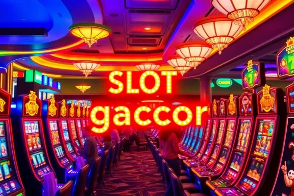 Players celebrating wins at a luxurious casino slot gacor machine amid vibrant decor.
