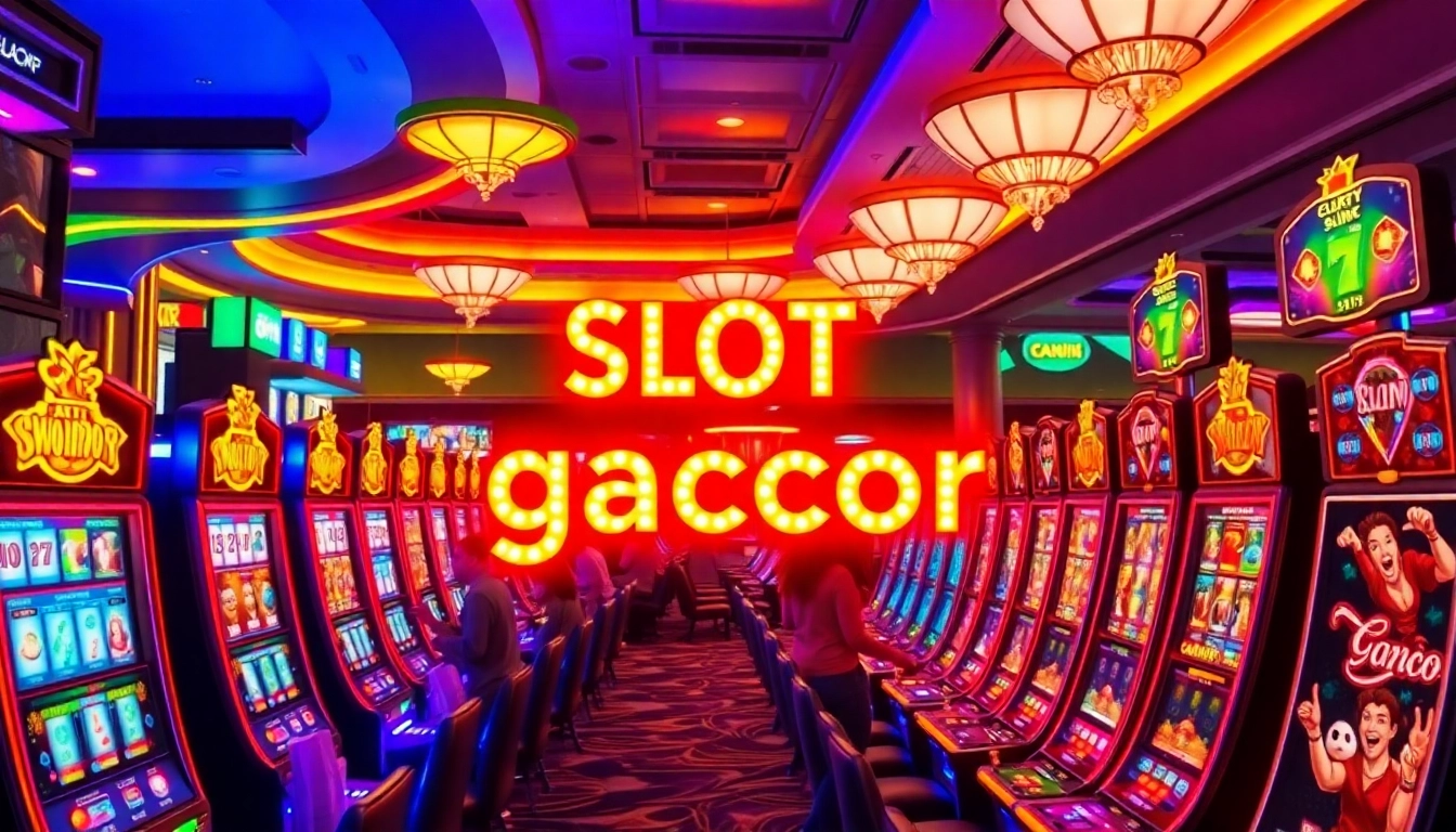 Players celebrating wins at a luxurious casino slot gacor machine amid vibrant decor.
