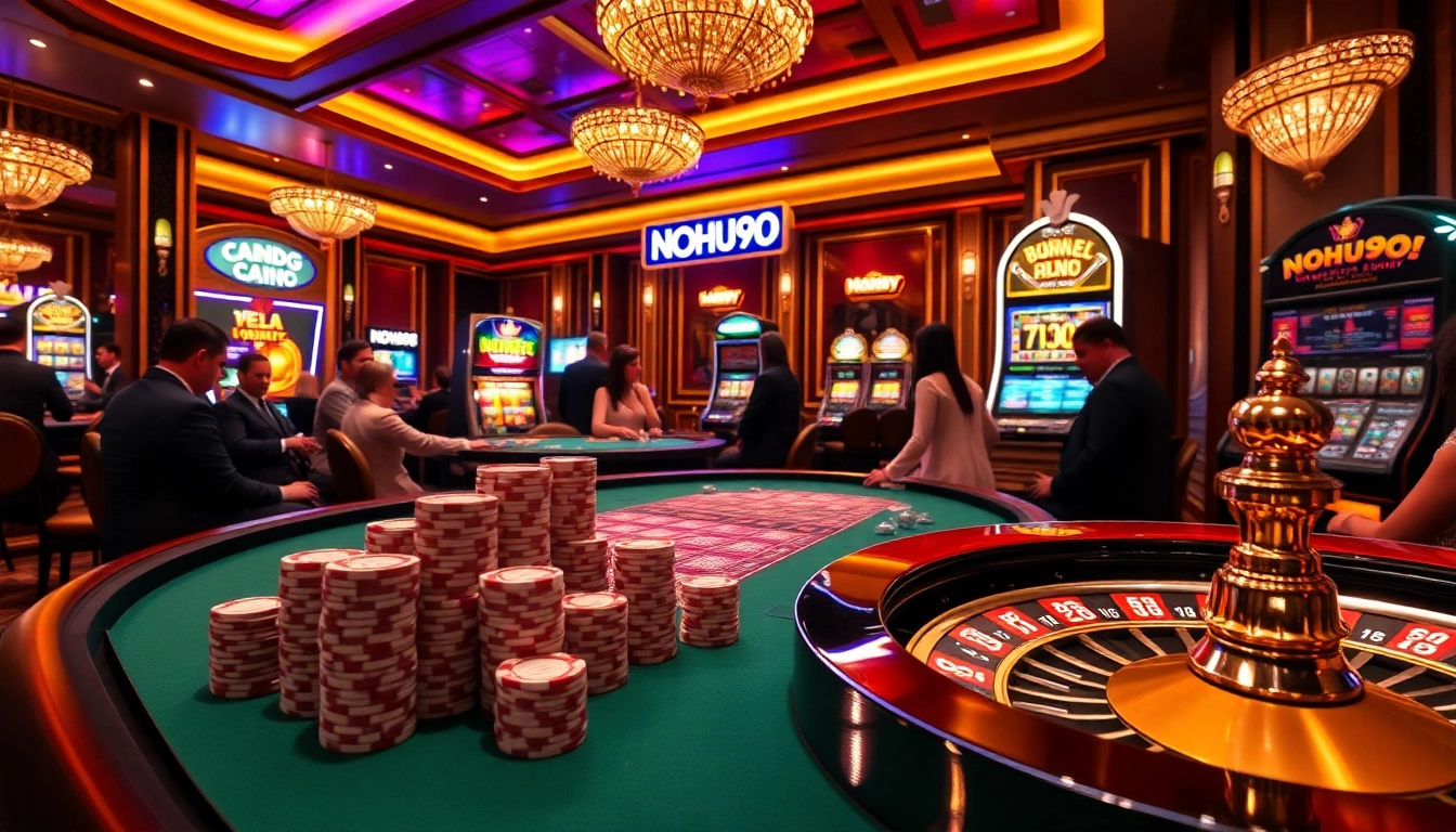 Players enjoying various games at NOHU90's vibrant casino, showcasing excitement and luxury.