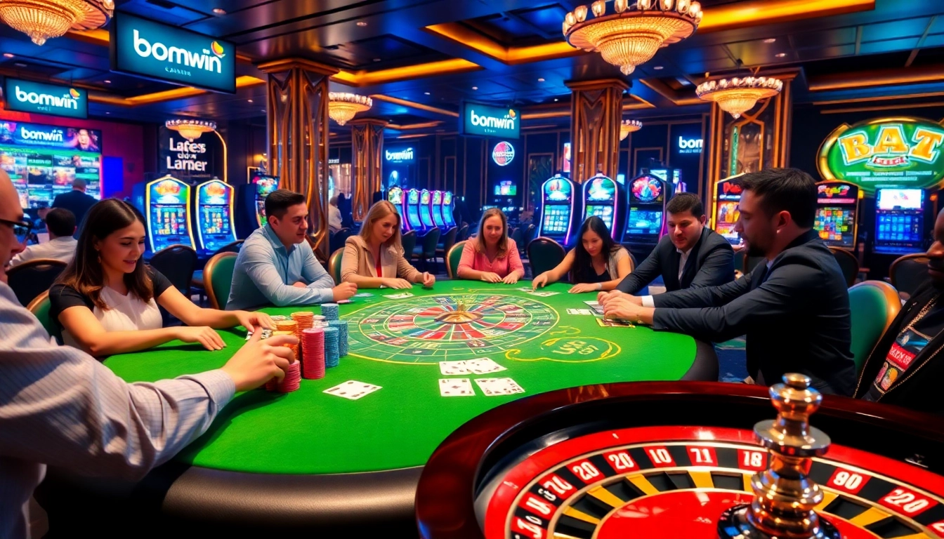 Players enjoying a vibrant poker game at a luxurious casino with bomwin promotions visible.