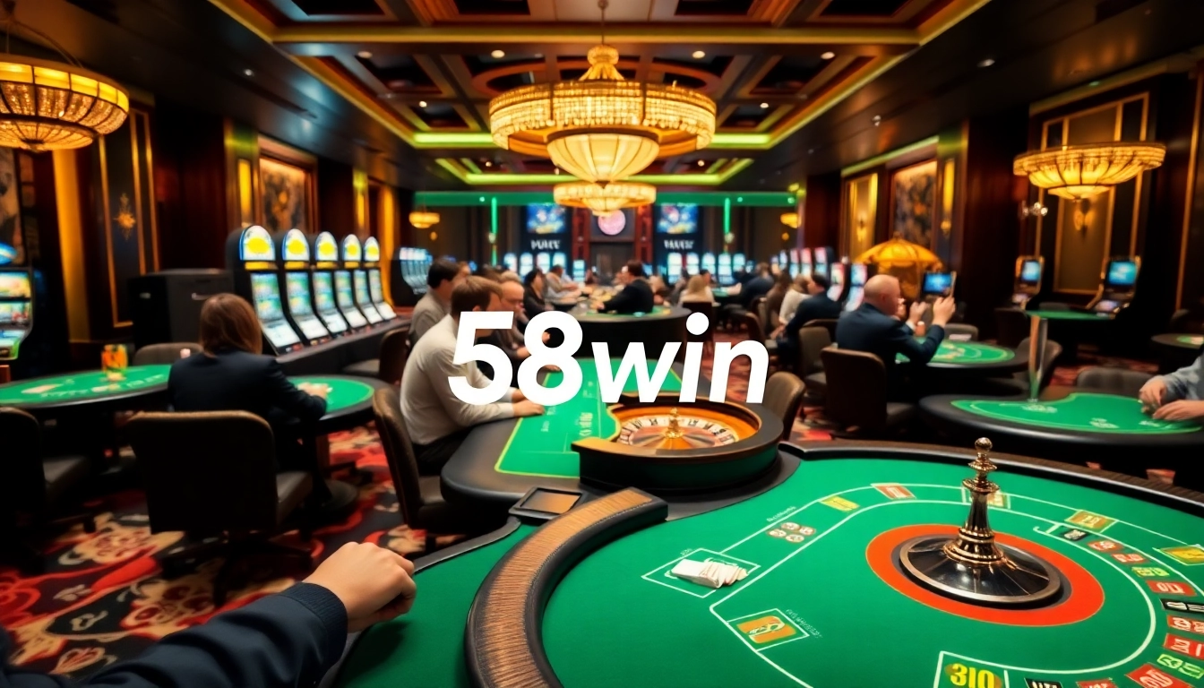 Players experiencing thrilling casino action at 58win's luxurious gaming tables and slot machines.