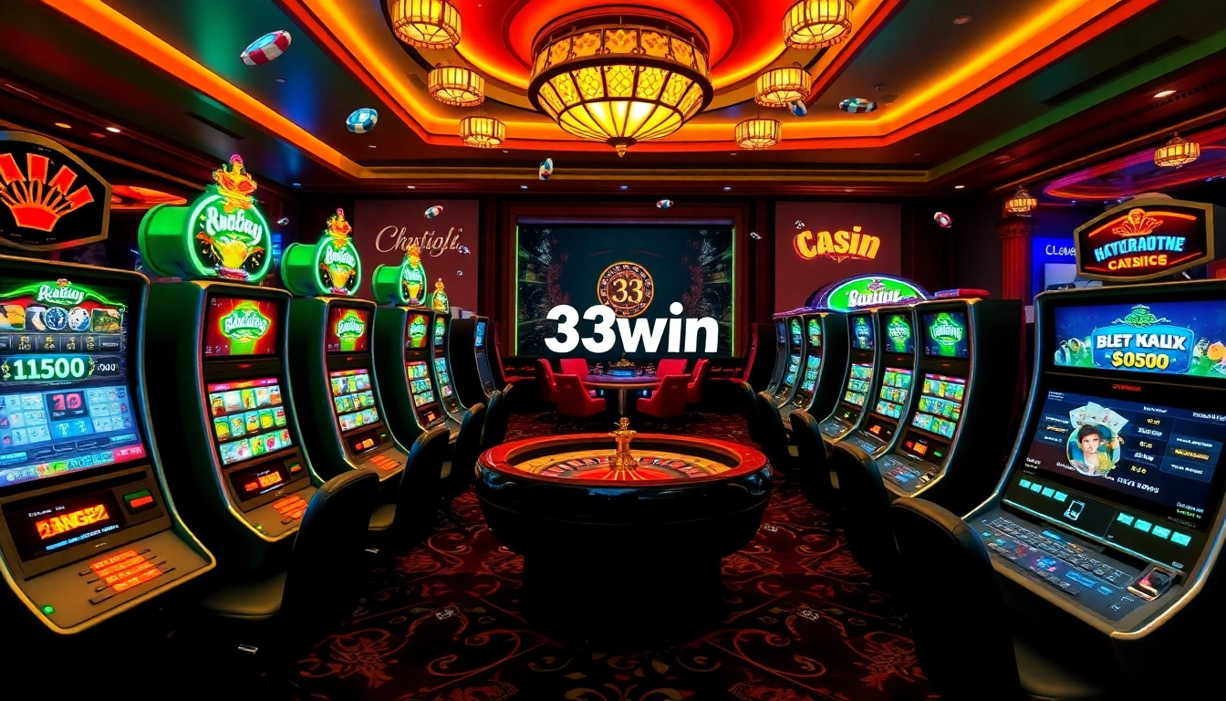33win players enjoying a vibrant online casino atmosphere with exciting games and luxurious decor.