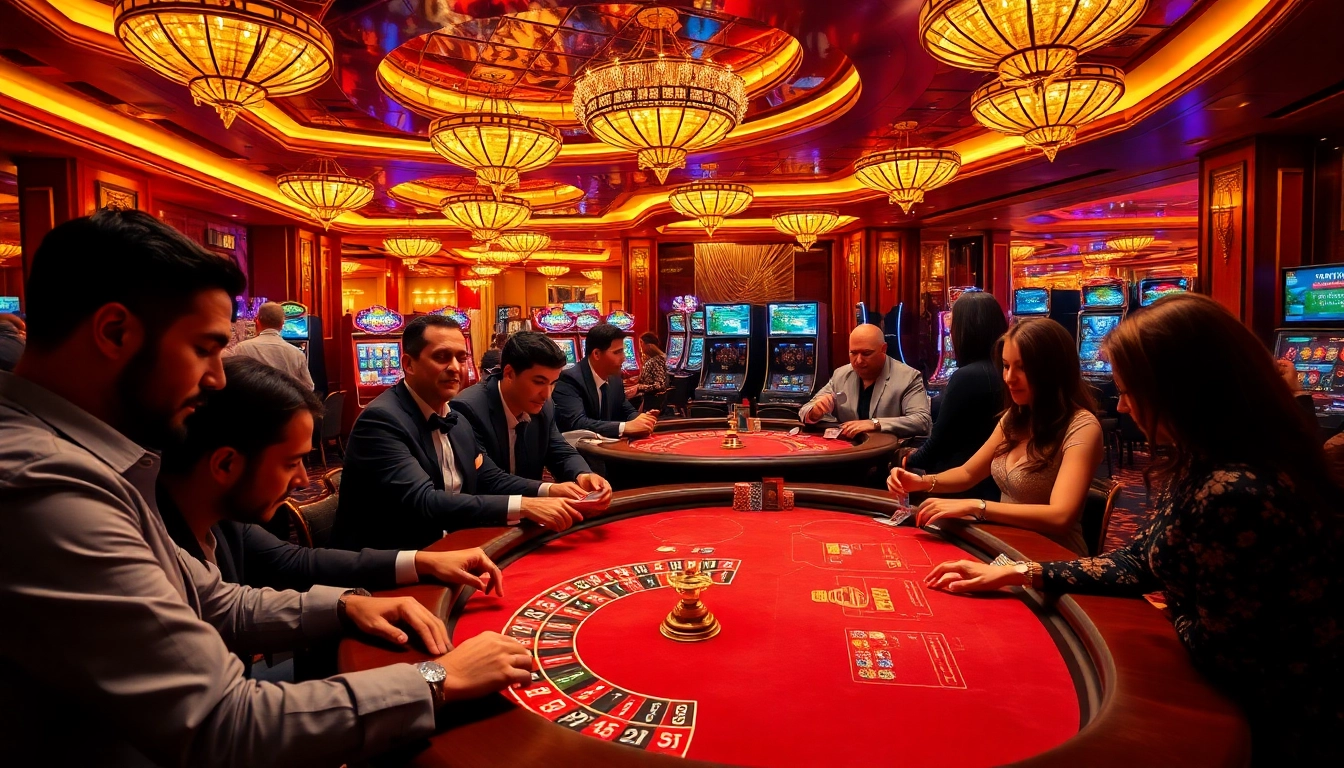 Players enjoying exciting gambling experiences at the luxurious sunwin casino floor, featuring roulette and slot machines.