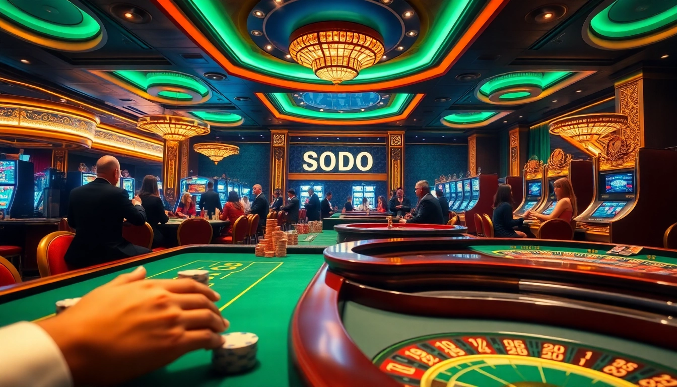 SODO CASINO showcases players enjoying thrilling games at vibrant casino tables, poker chips, and roulette wheels.