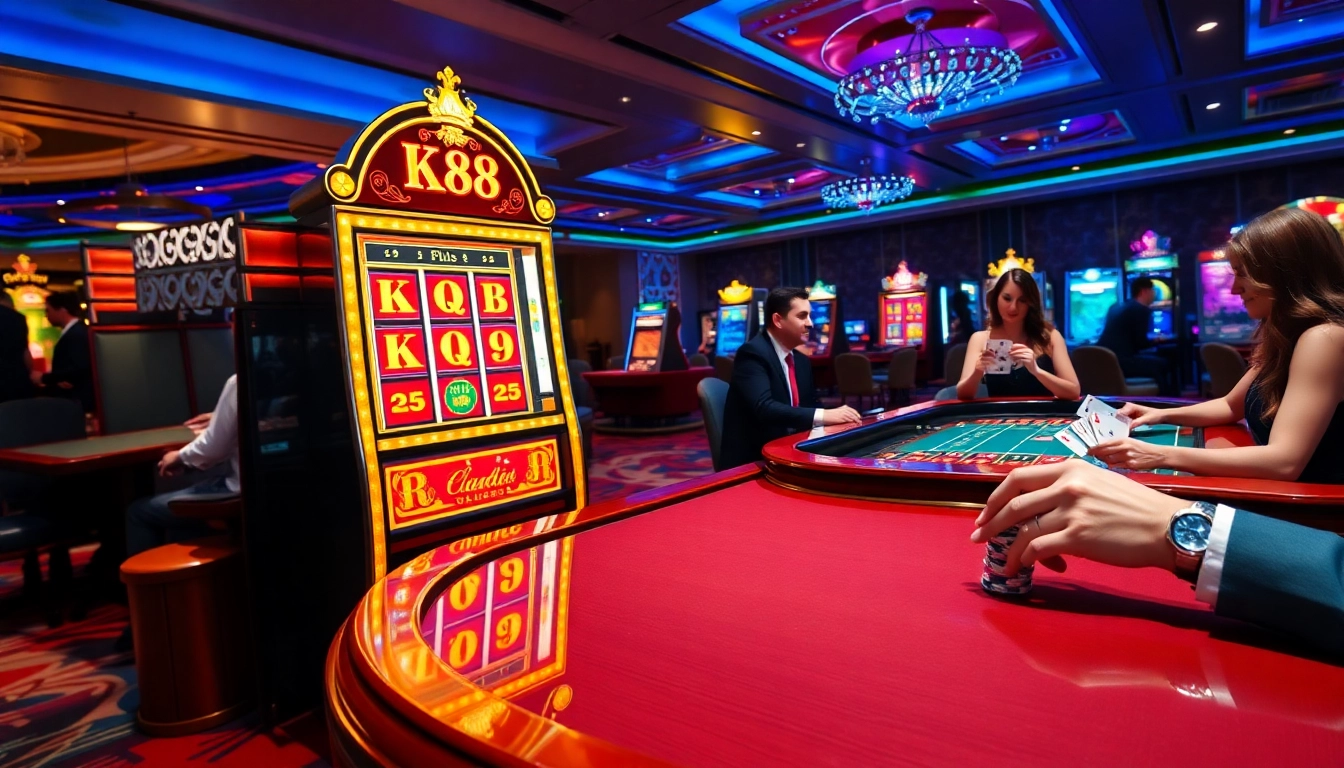 K88 players winning at a vibrant casino slot machine and table games.