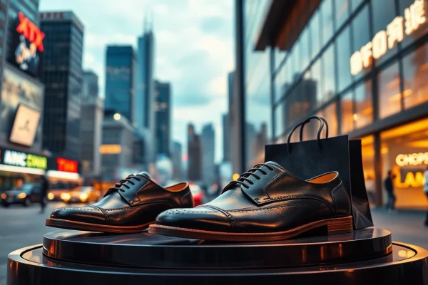 展示優雅的優塔鞋，具有現代都市背景和時尚感。