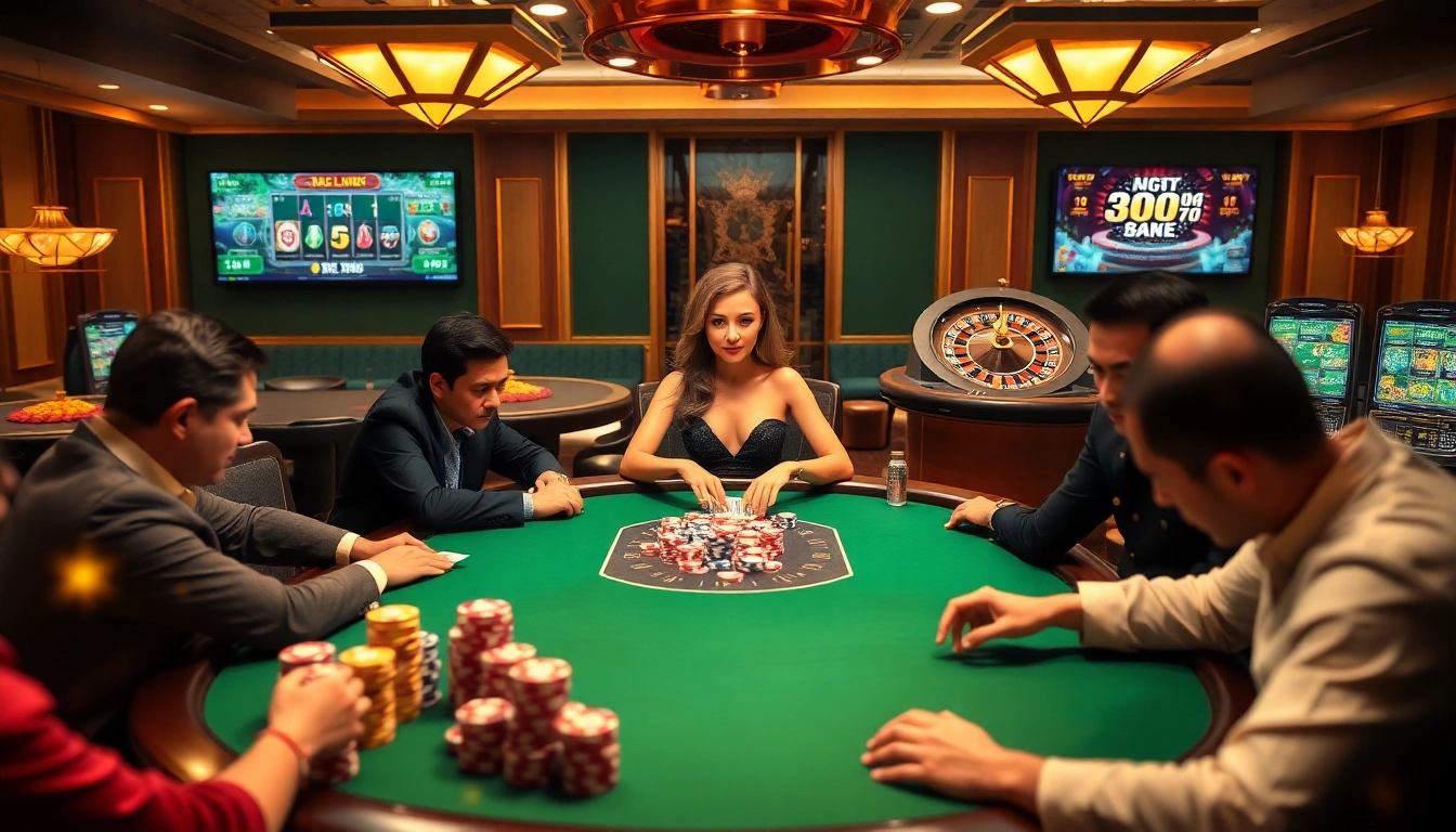 BEM88 casino players immersed in a high-stakes poker game with vibrant chips and roulette wheels.