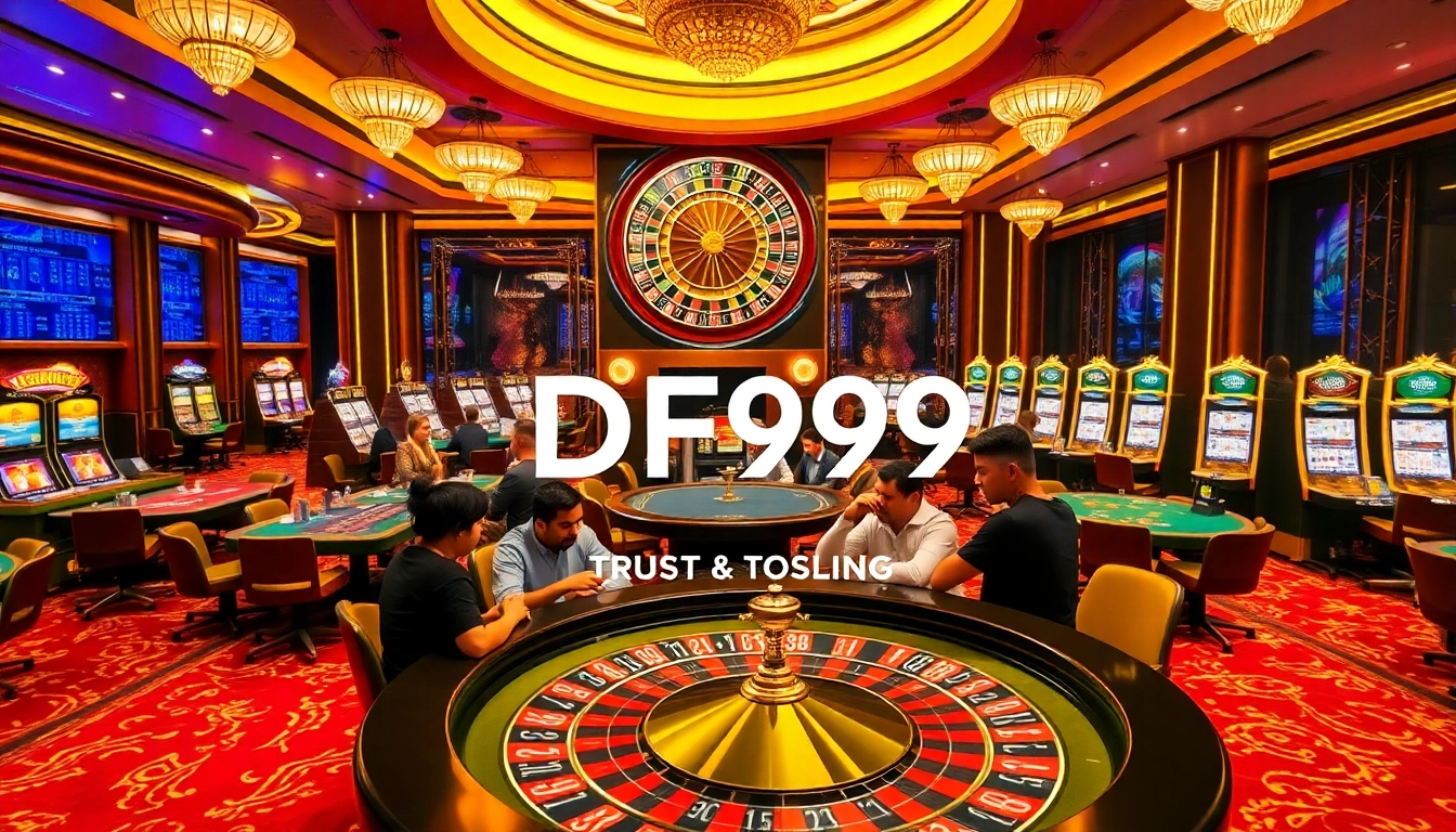 Experience the thrill of gambling with DF999 at a luxurious casino featuring poker tables, slot machines, and a roulette wheel.