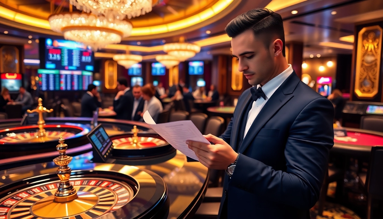 Engaging gambler analyzing kèo nhà cái odds in a luxurious casino setting