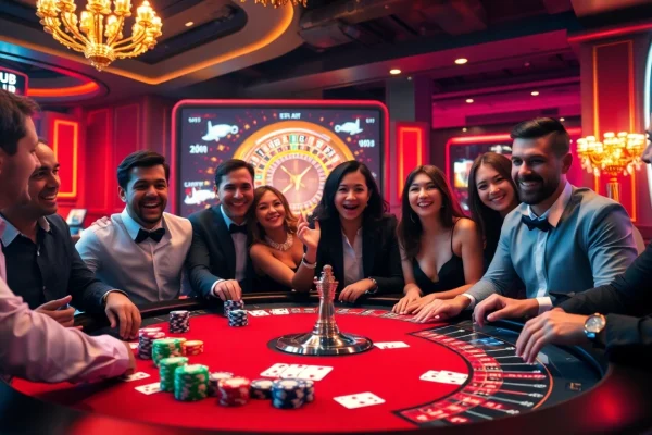 Players at the B52 Club eagerly place bets at a poker table amidst a lively casino atmosphere.