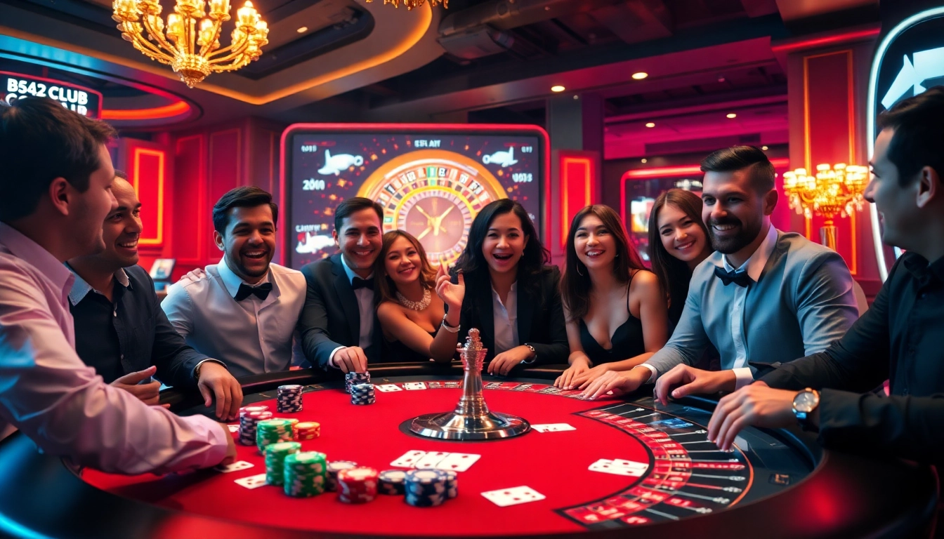 Players at the B52 Club eagerly place bets at a poker table amidst a lively casino atmosphere.