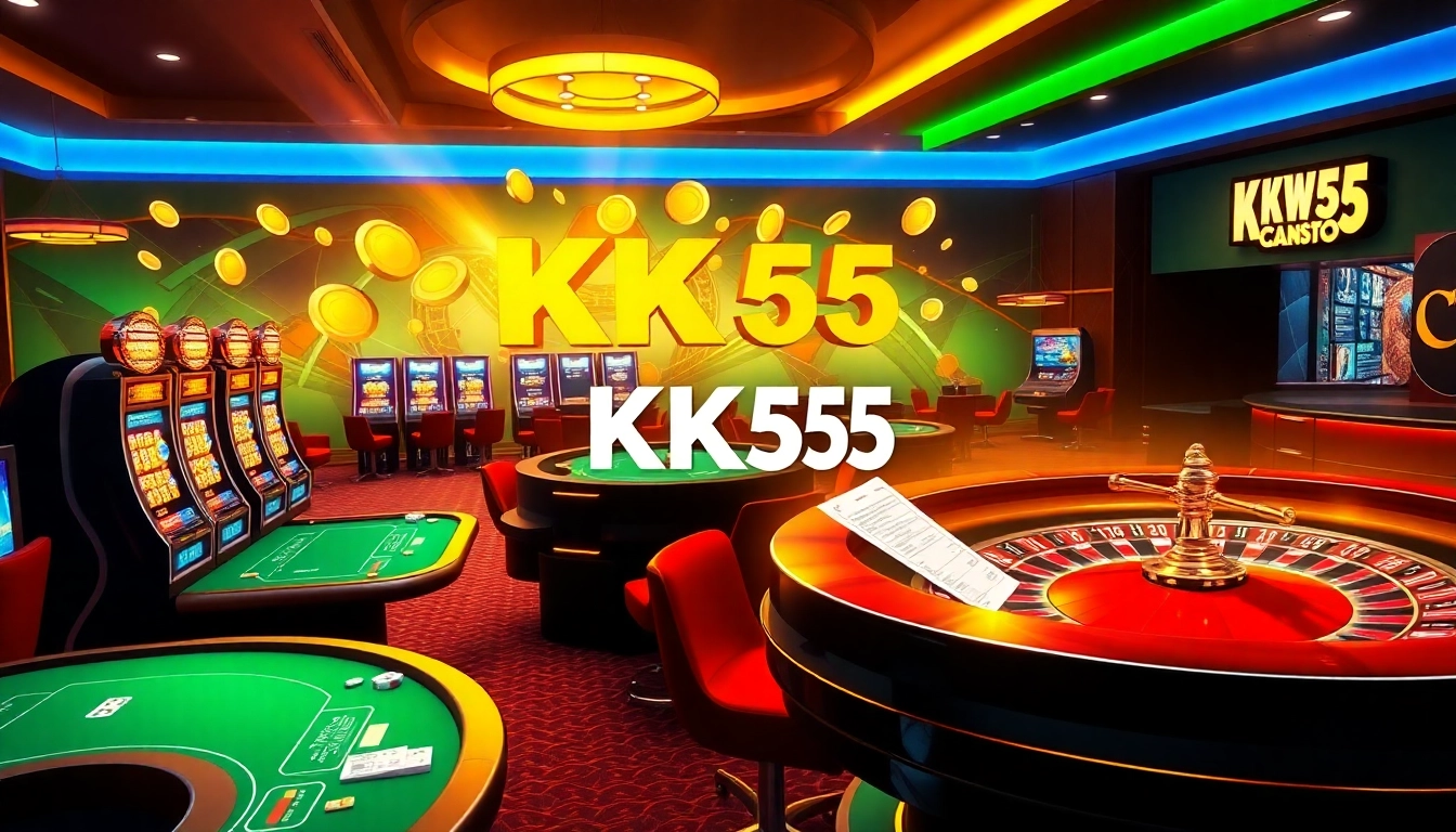KK55 online gaming platform showcasing vibrant casino action with poker tables and slot machines.