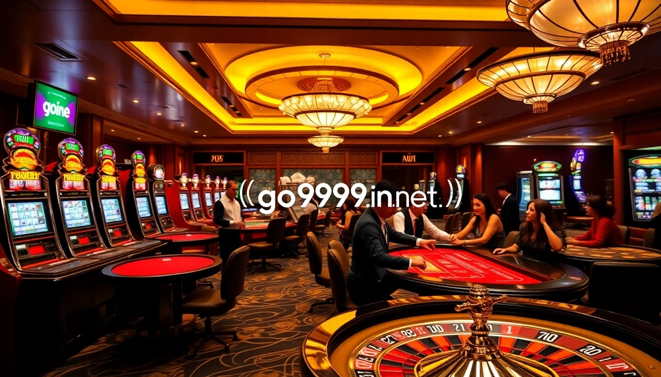 Experience the thrill of betting at go999.in.net amidst glamorous casino settings with vibrant tables and slot machines.