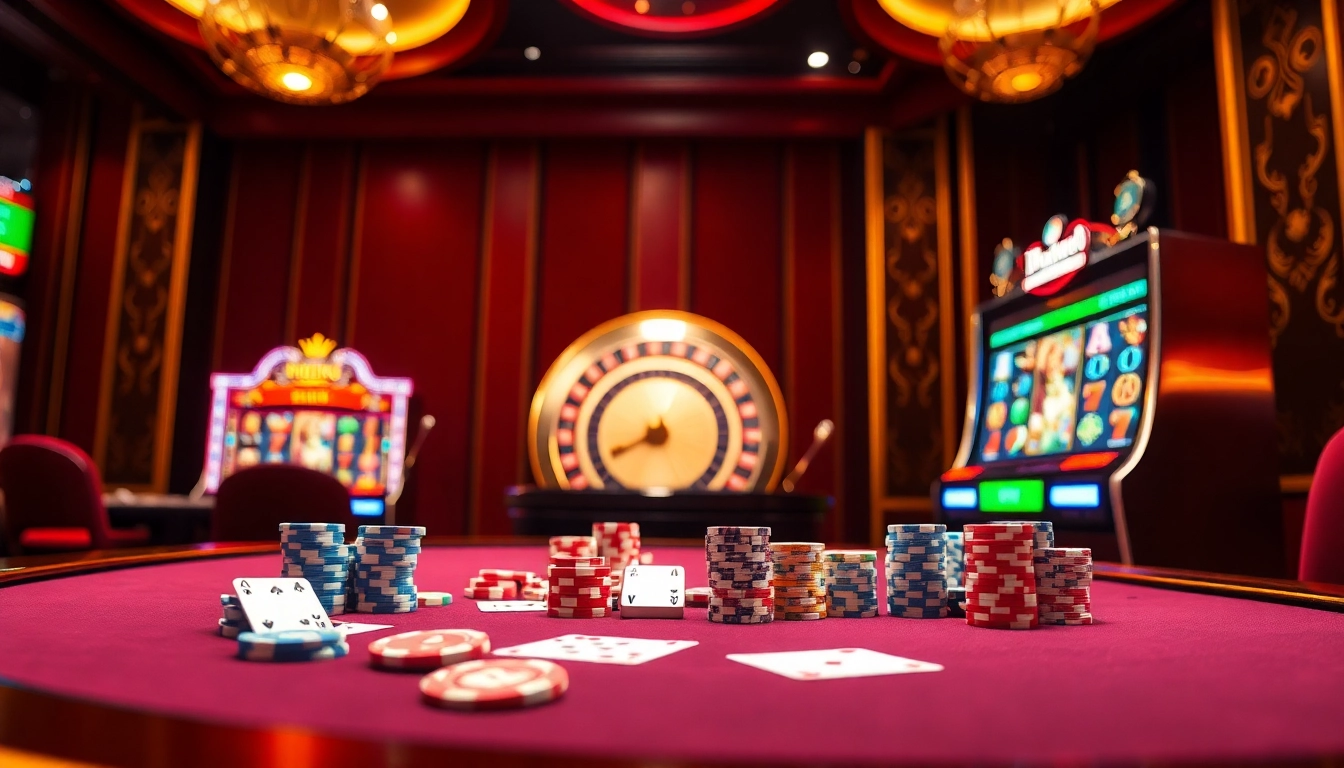 Betting excitement at Dominoqiu's luxurious casino environment with poker chips and slot machines.