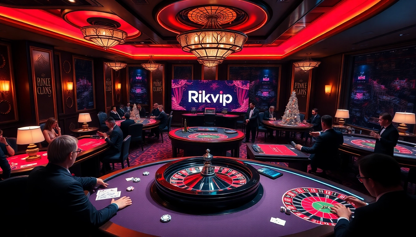 Rich casino scene illustrating the excitement of Rikvip with players at tables and vibrant gaming interfaces.