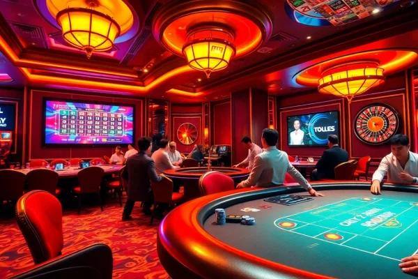 Engaged gamblers celebrate wins while checking Togel China results in a luxurious casino atmosphere.