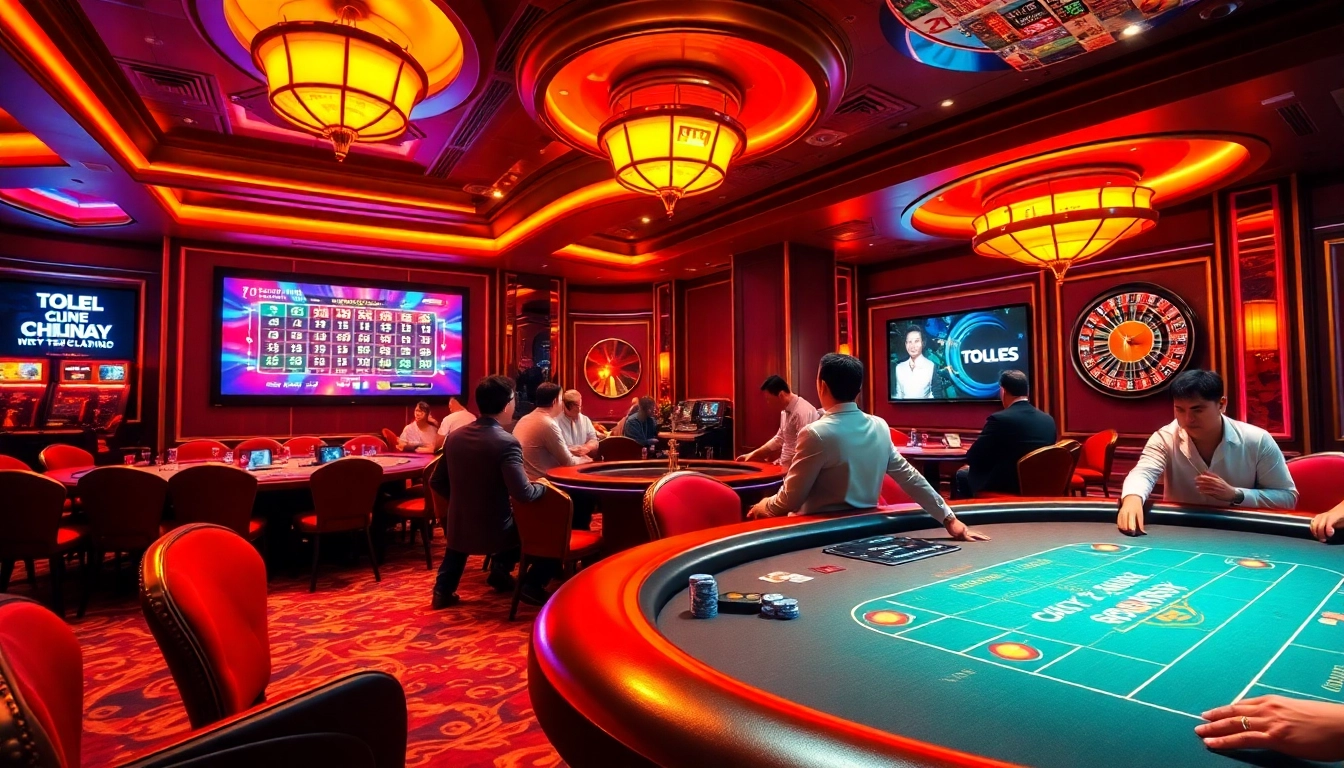 Engaged gamblers celebrate wins while checking Togel China results in a luxurious casino atmosphere.