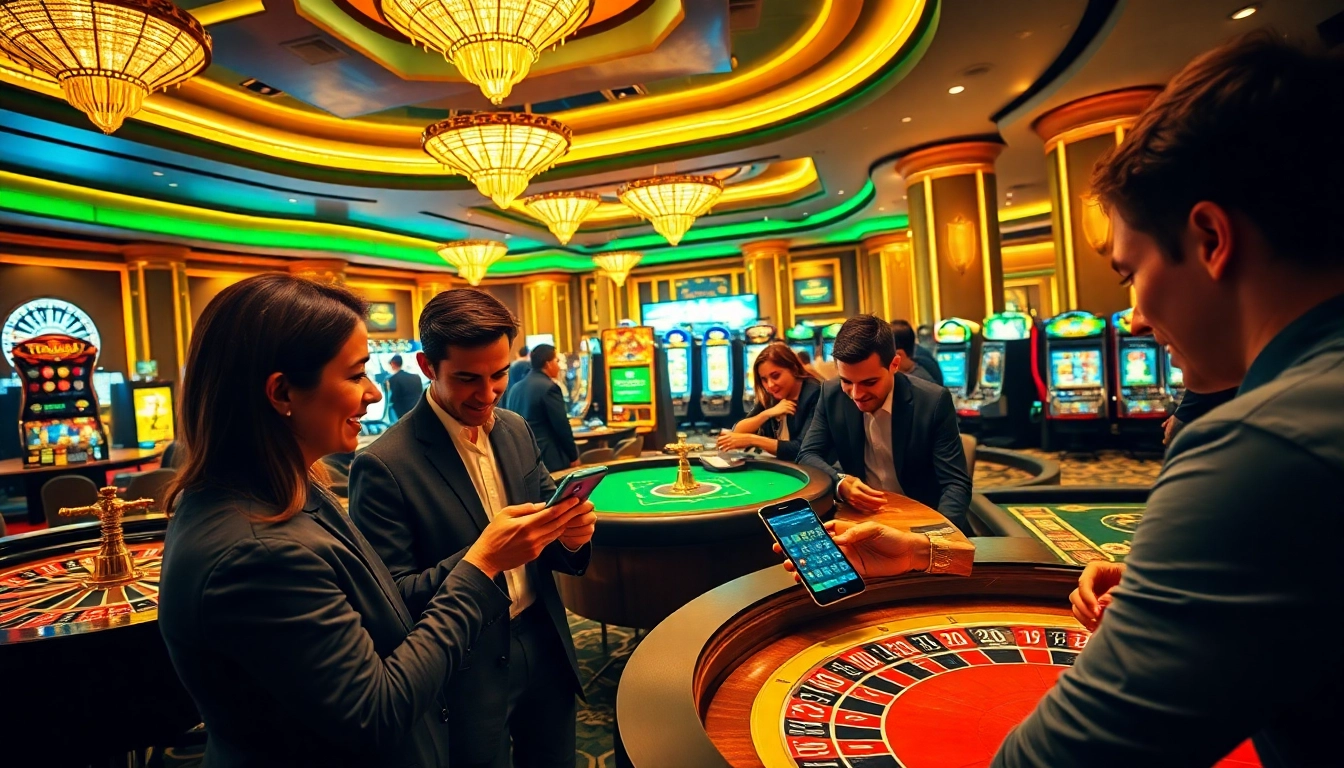 Gamblers engaging with FEBET on mobile devices at a vibrant casino scene.