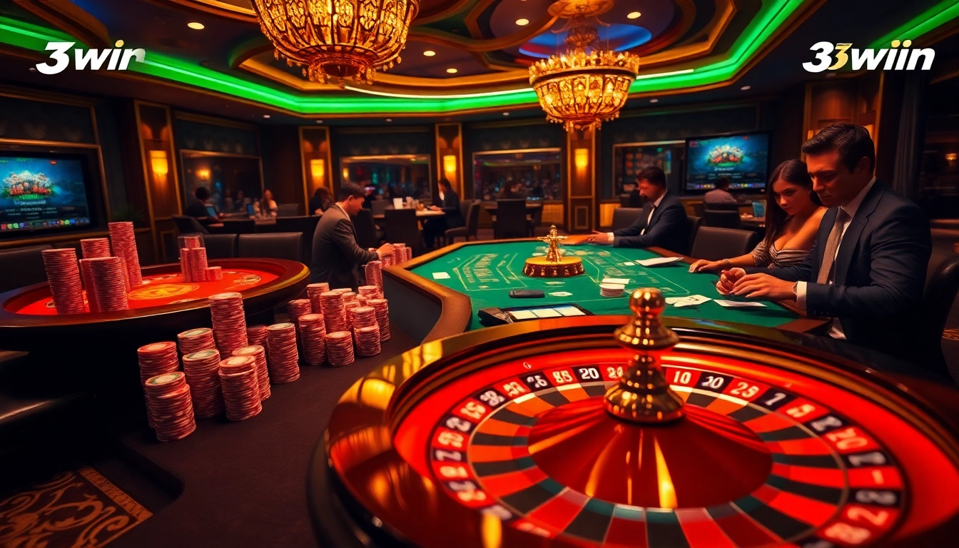 Players engaging at the vibrant 13win casino tables featuring poker chips and roulette, capturing the thrill of gambling.