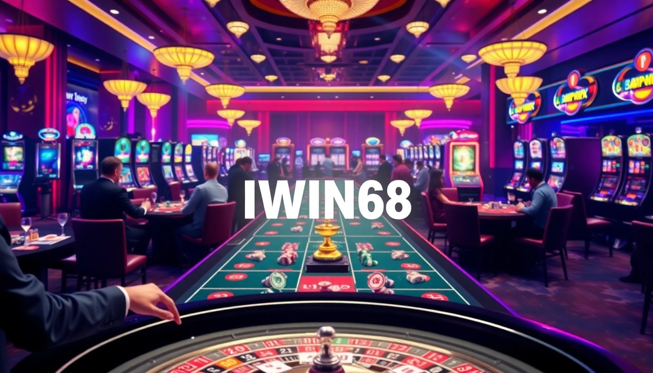 IWIN68 players enjoying an exciting round of poker with vibrant casino elements in the background