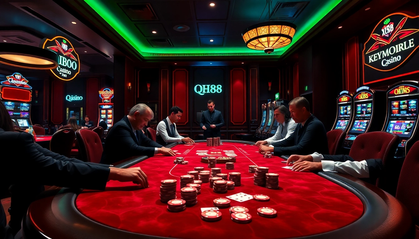 Players engaging at a luxurious poker table in the qh88 casino environment.
