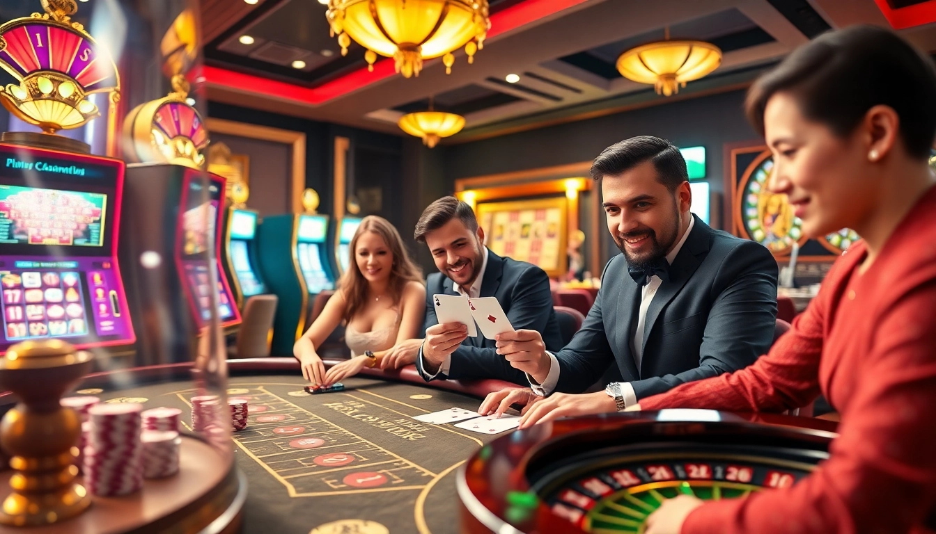 Exciting casino scene at RR88 featuring players engaged in poker, roulette, and slots.