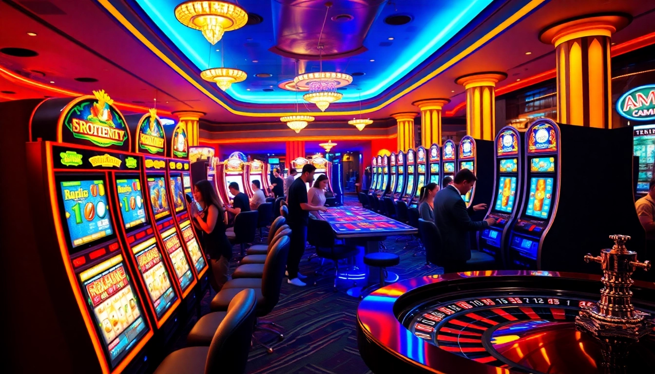 Players enjoying slot games in a vibrant casino atmosphere with colorful machines.