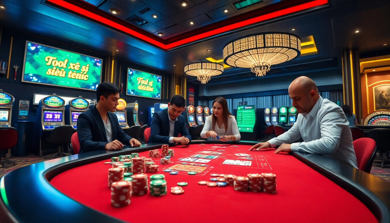 Exciting scene of players using Tool xổ số siêu tốc at a vibrant casino table