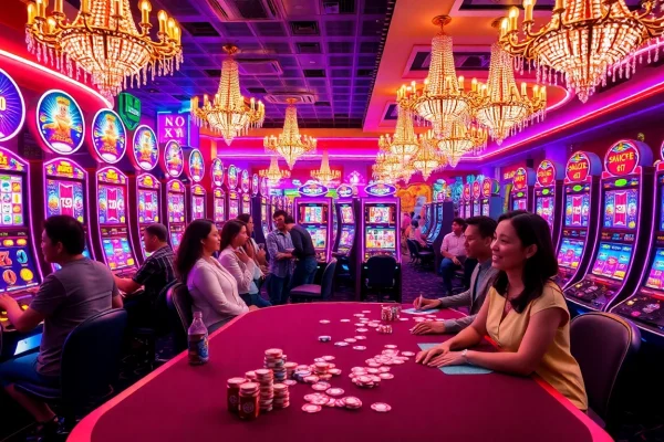 Players hitting jackpots on vibrant slot gacor machines in an exciting casino atmosphere.