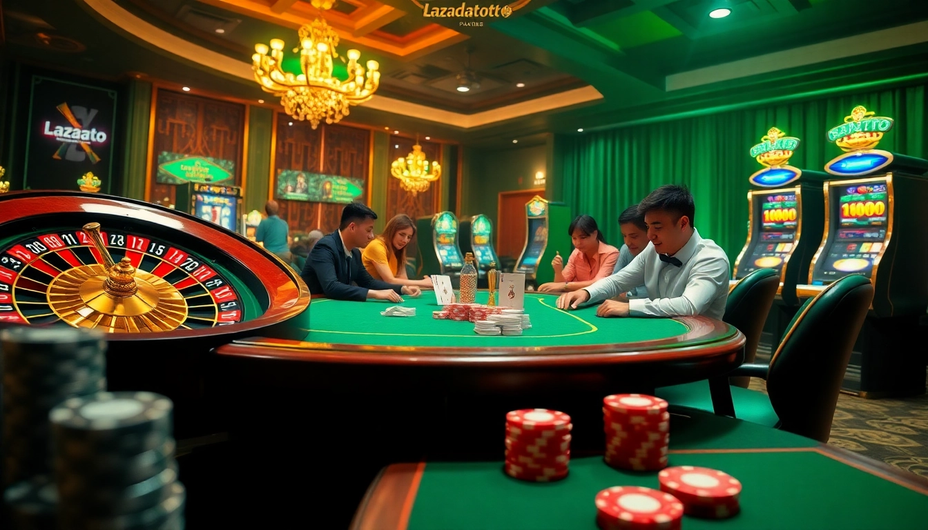 Lazadatoto gaming scene featuring a roulette wheel and poker chips, illustrating high-stakes excitement.