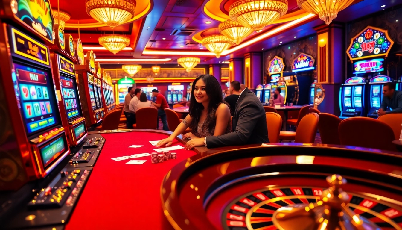 Scene depicting Raja Luck gaming excitement with slot machines, poker tables, and roulette.