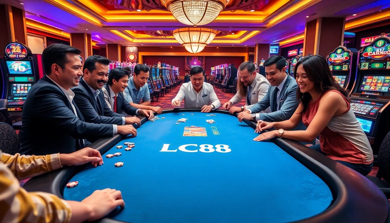 Excited players enjoying a game at the LC88 casino table with vibrant lighting.