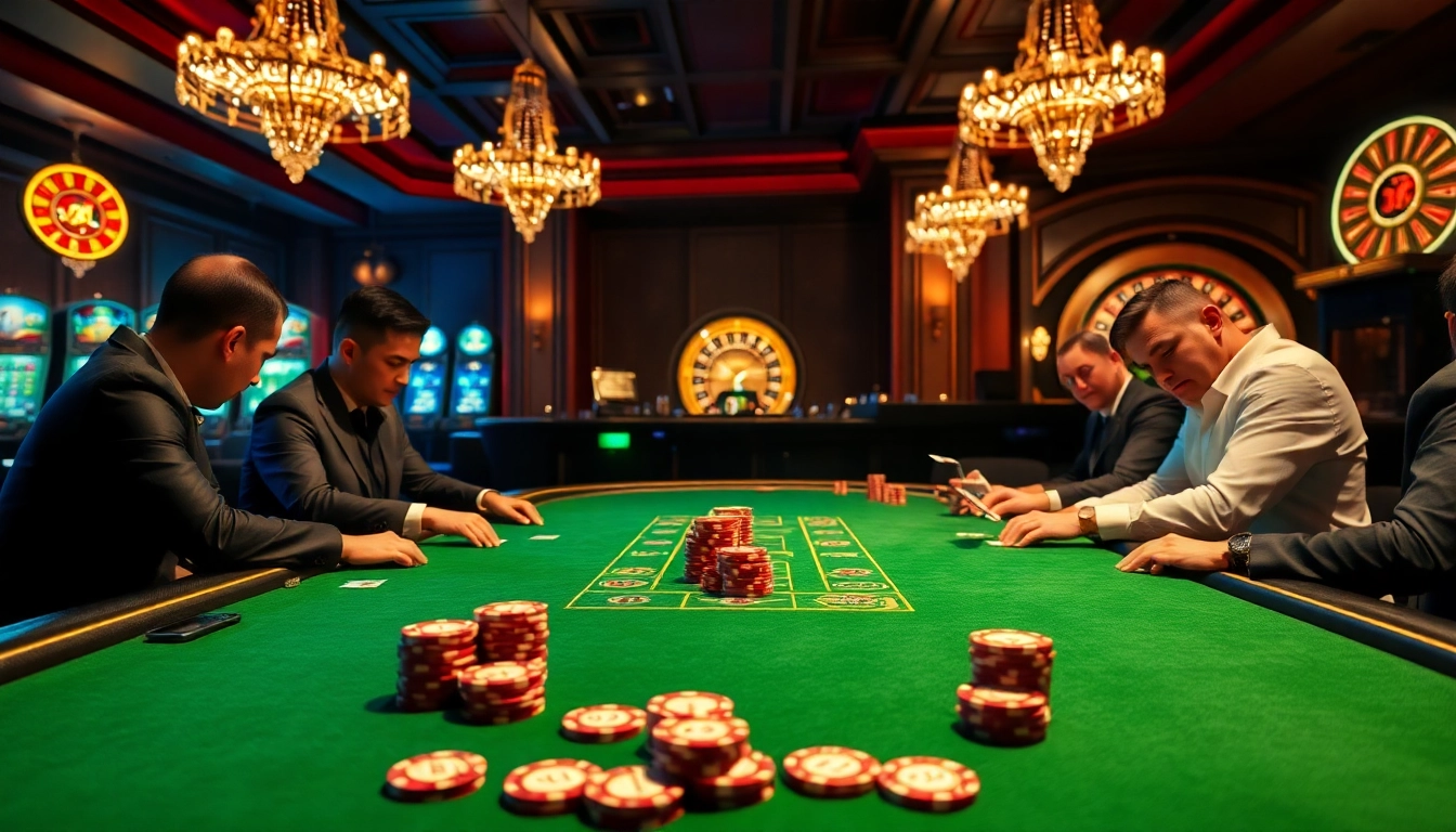Excited gamblers engage with kèo nhà cái at a lively poker table surrounded by stacks of chips.