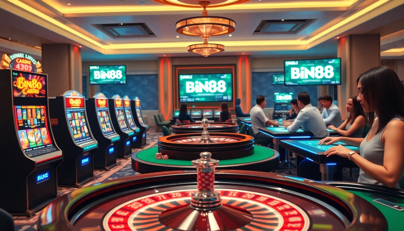 Players enjoying thrilling moments at Bin88 casino, surrounded by vibrant slot machines and a spinning roulette wheel.