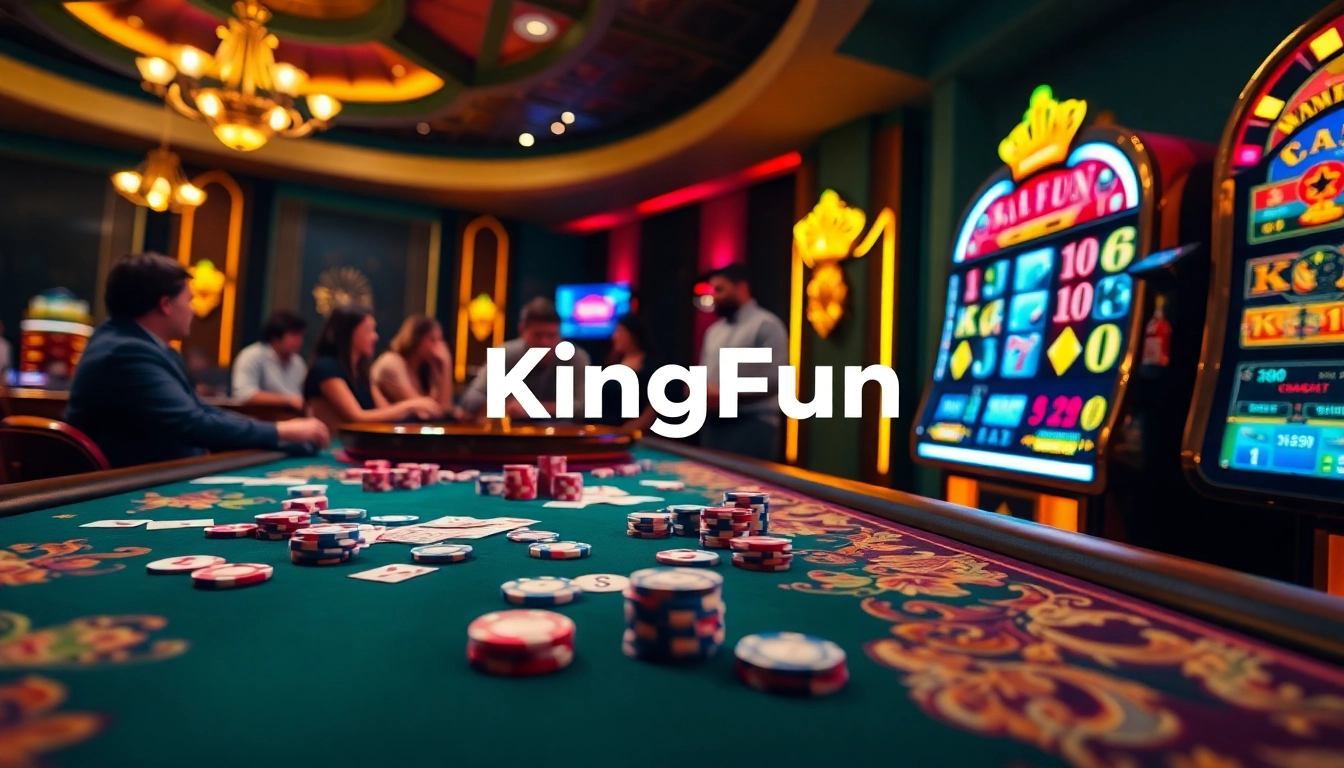 Kingfun casino scene featuring vibrant poker chips, cards, and a roulette wheel.