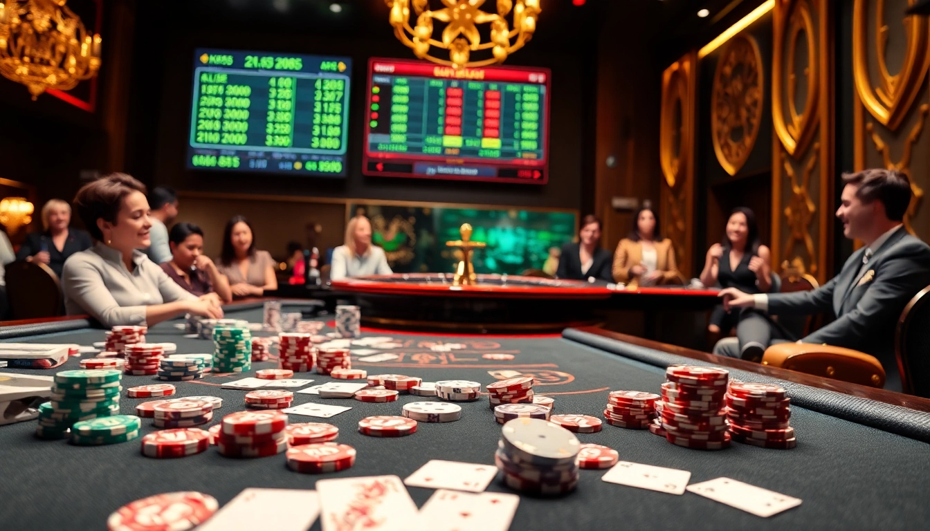 Players enjoying an exciting KK55 casino experience at a vibrant table with cards, chips, and a roulette wheel.