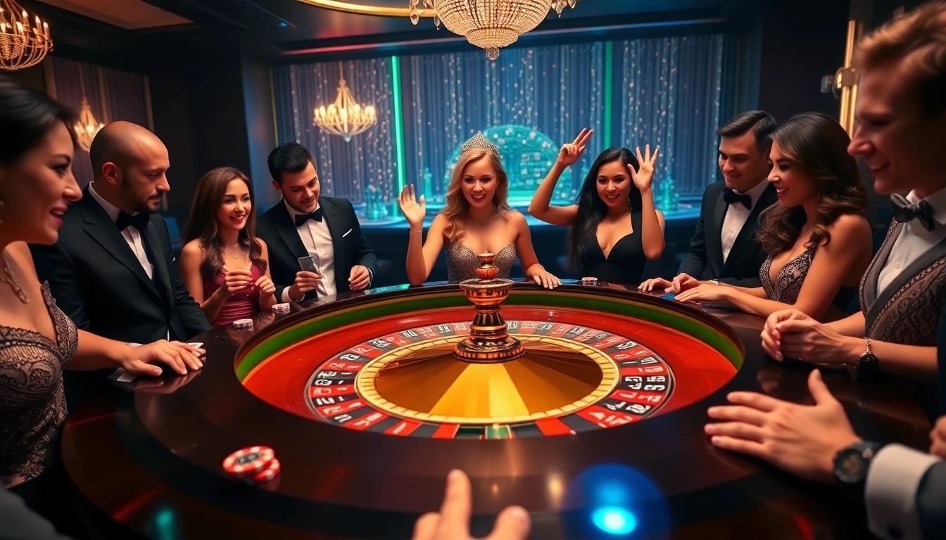 Players celebrating their wins at the gamequeen roulette table in a luxurious casino.
