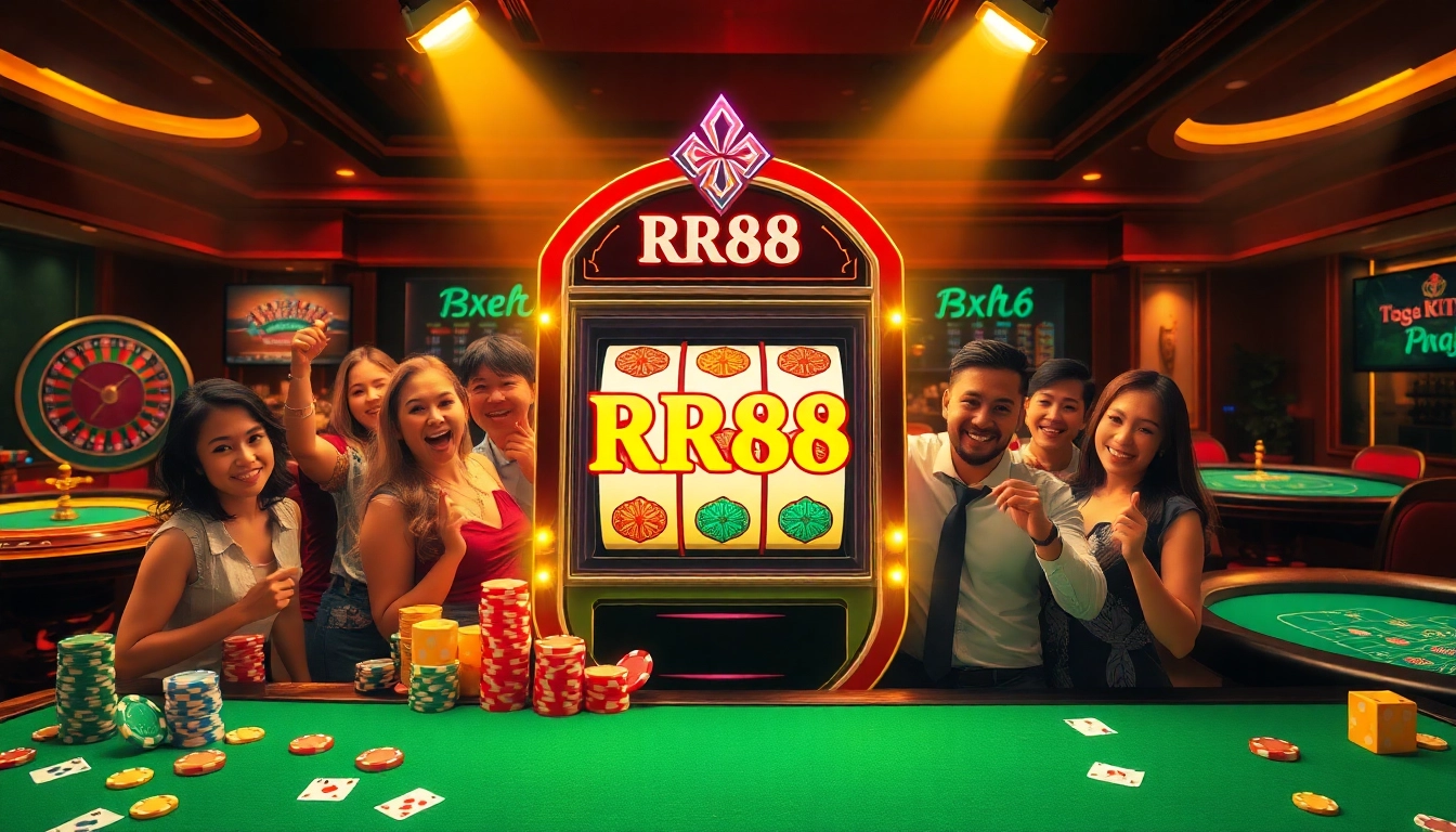 RR88 slot machine amidst vibrant casino activities, featuring players enjoying various games.