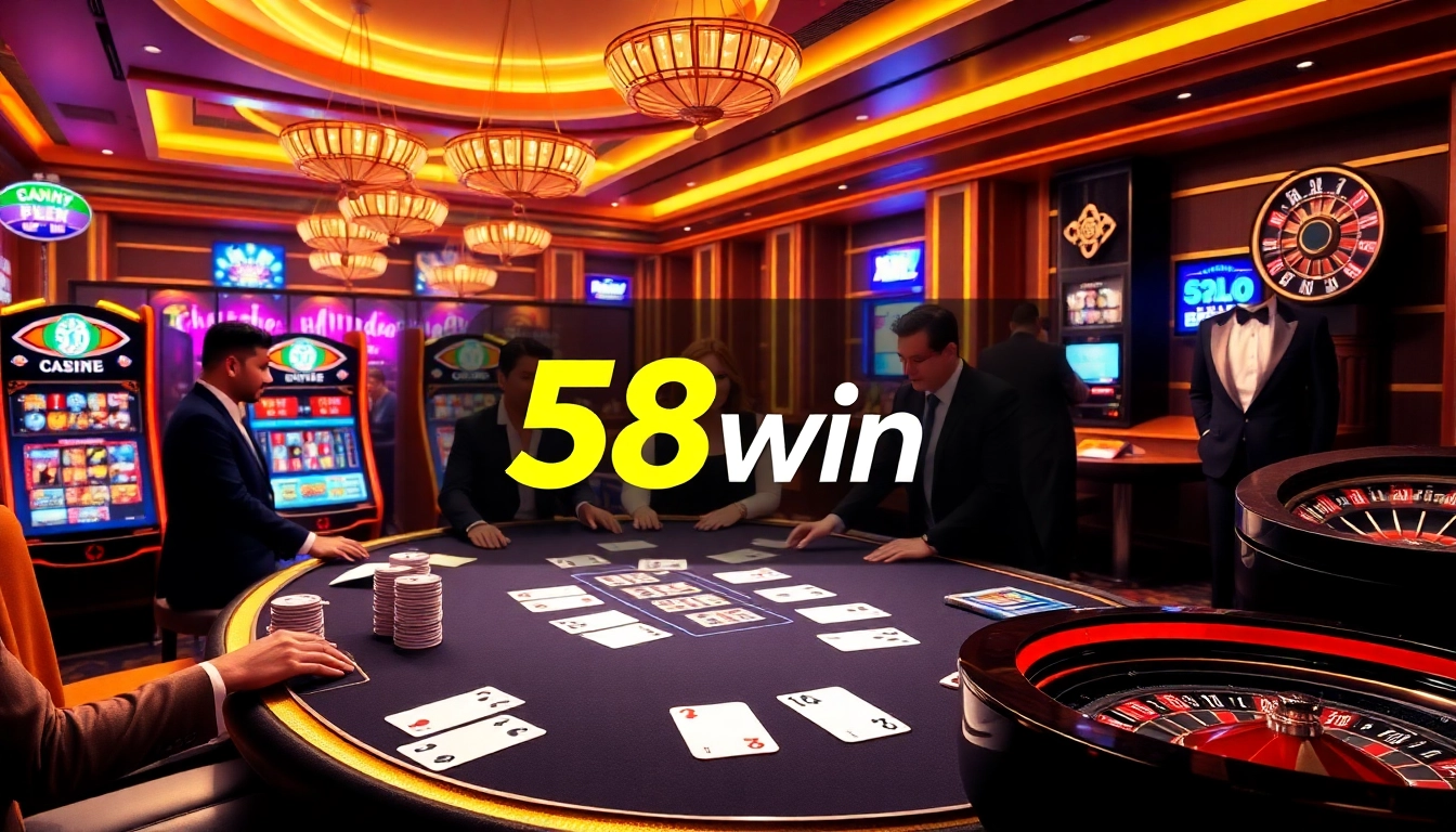 Players engaging at a live dealer table at 58win, showcasing excitement in a vibrant casino atmosphere.
