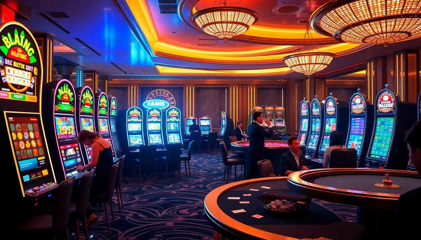 Experience the thrill of slot88 machines in a luxurious casino setting with eager players.