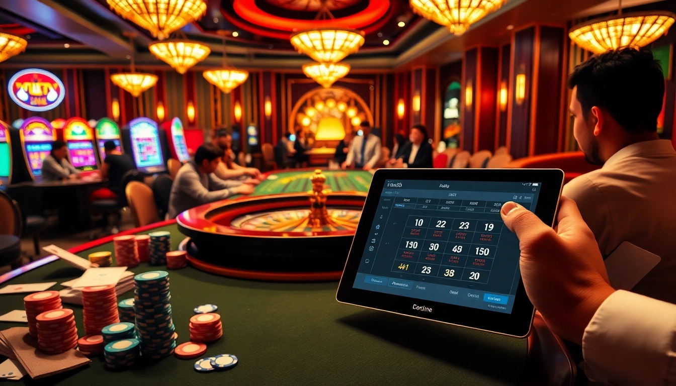Experience the excitement of online gambling at https://bong88.casa/ with players at a vibrant casino table.