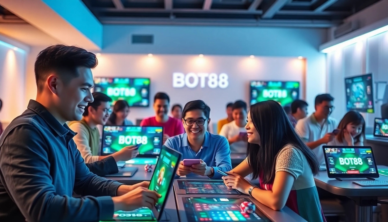 Engaging gameplay scene with happy players using the BOT88 online betting platform, reflecting excitement and trust.
