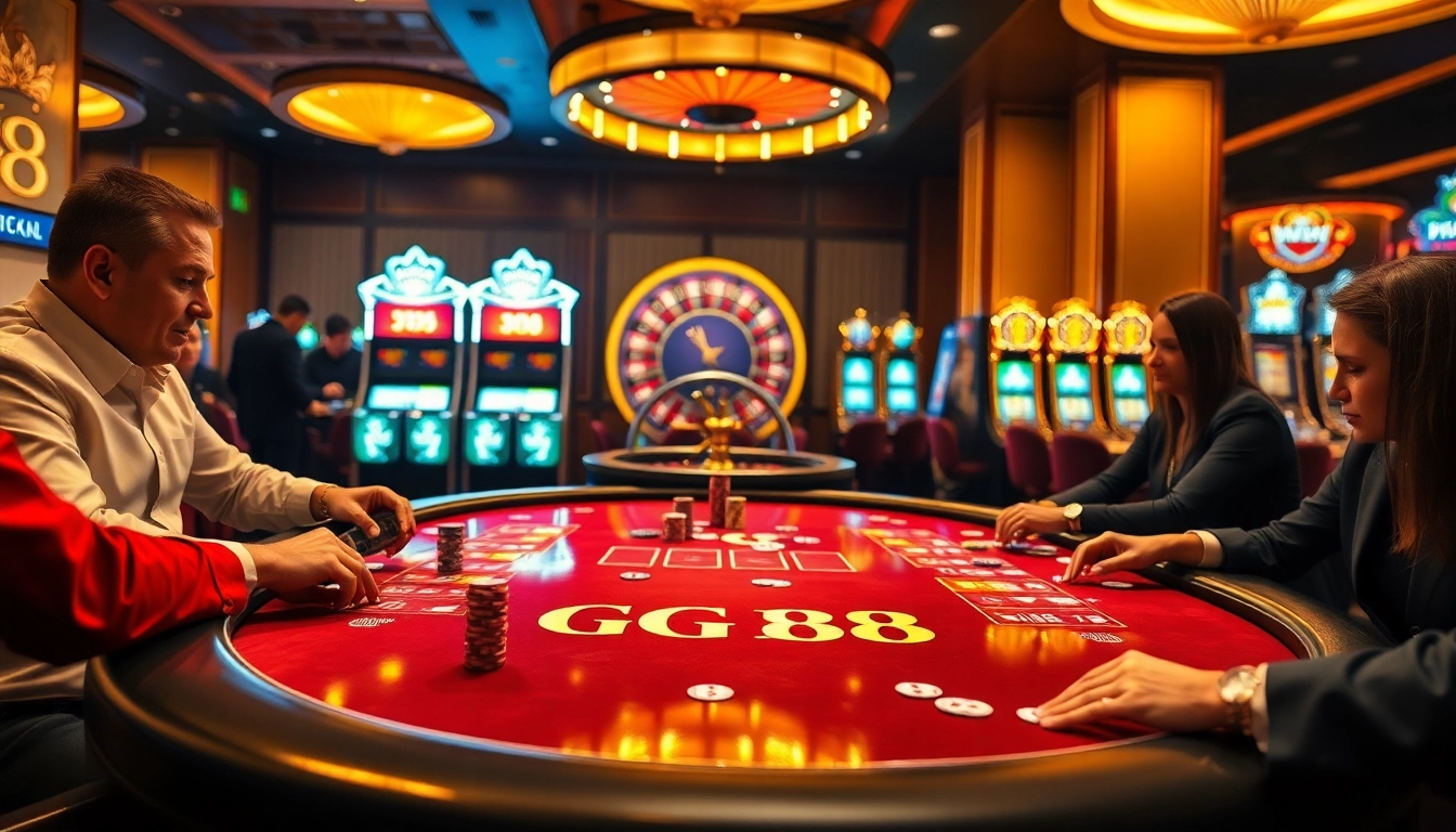 GG 88 poker game setting with vibrant slot machines and winning atmosphere.