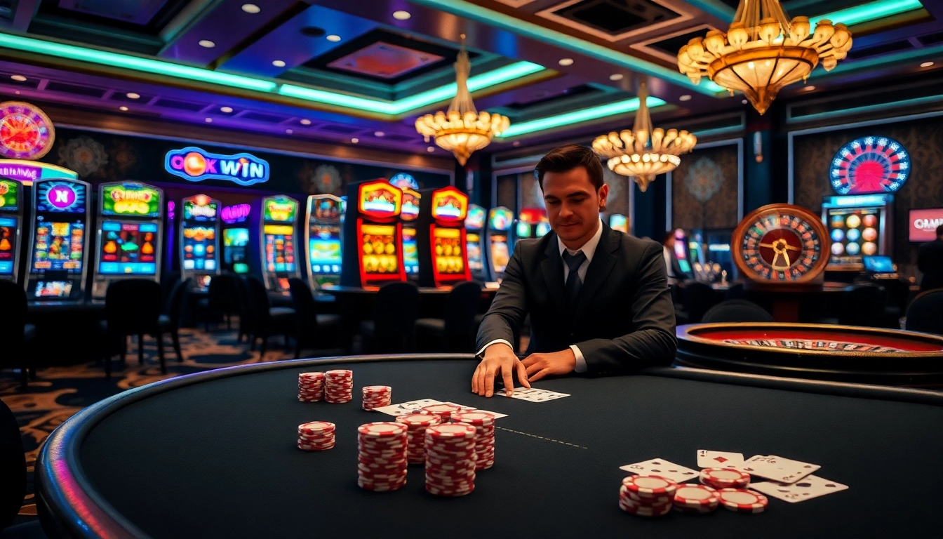 Experience high-stakes excitement at https://okwinbiz.com/ with poker chips and vibrant slot machines.