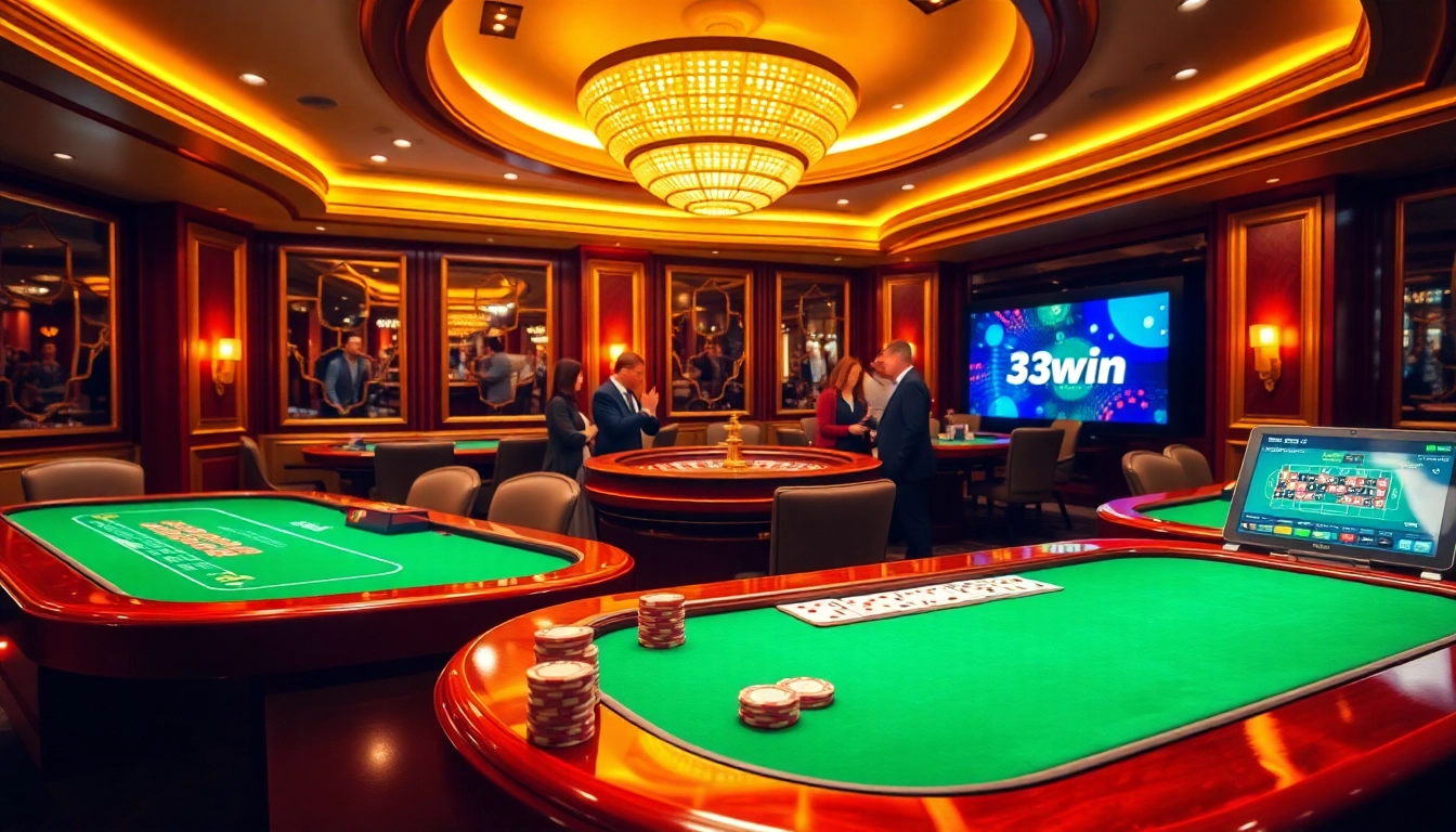 Experience thrilling gameplay at 33win with vibrant casino tables and roulette wheel.