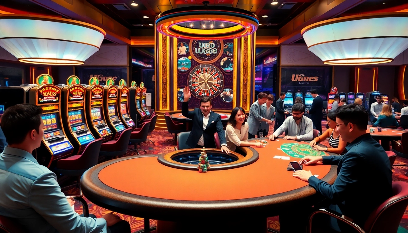 Experience the vibrant atmosphere of U888 casino with players at slot machines and poker tables.